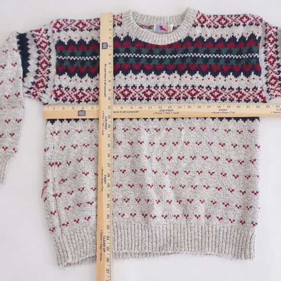 Vintage American Spirit Gray Wool Blend Fair Isle Cabincore Eclectic Sweater L - Picture 3 of 10